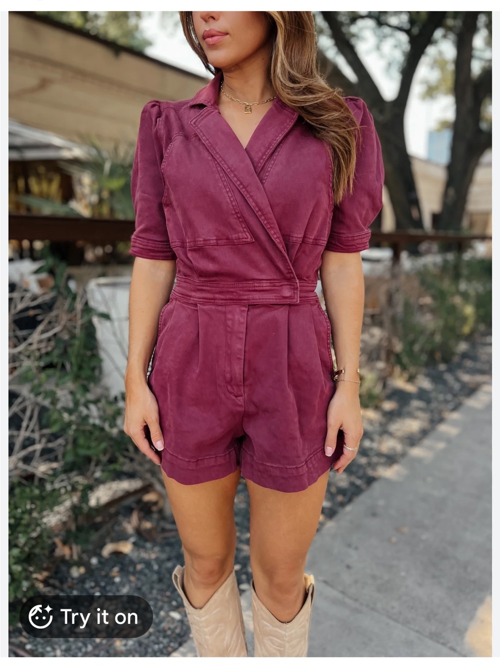New With Tags Burgundy Day + Moon Stretch Denim Romper Sz M